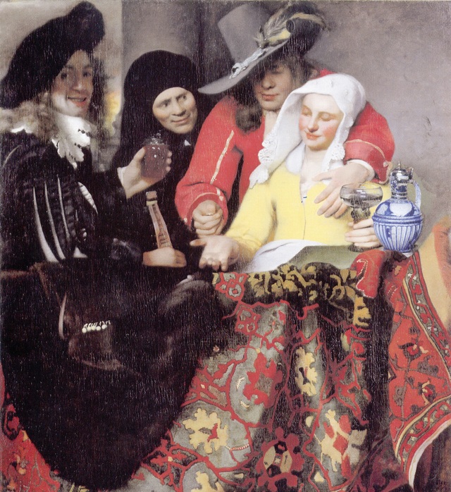 Jan Vermeer van Delft (1632-1675), "U stręczycielki" (inne tytuły dzieła: "Kuplerka", "Rajfurka")., 1656, olej na płótnie, 143 x 130 cm, Galeria Drezdeńska, Drezno, Niemcy.